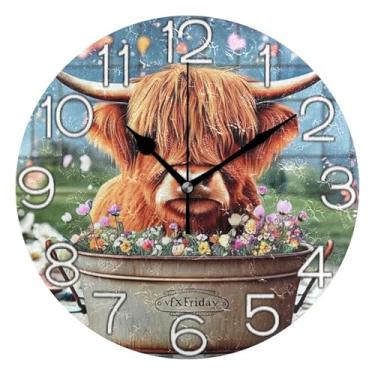 Imagem de GAIGEO Relógio de parede analógico decorativo operado por bateria silencioso escritório relógio de cozinha, decoração de parede retrô moderna art déco, lindas flores de vaca highland, 25 cm, ponteiros