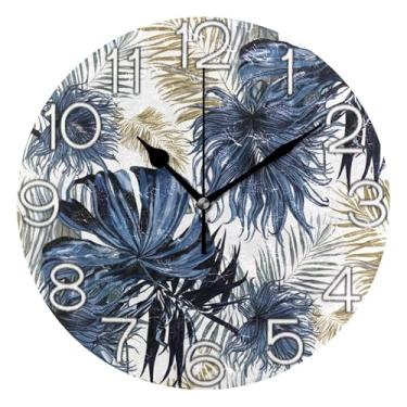 Imagem de Relógio de parede decorativo analógico relógio de cozinha bonito operado por bateria silencioso, decoração de parede retrô moderna art déco, folhas tropicais pastel, 25 cm, ponteiros pretos