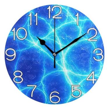 Imagem de Relógio de parede analógico decorativo operado por bateria silencioso escritório relógio de cozinha, decoração de parede retro moderna art déco impressão azul brilhante relâmpago, 25 cm, ponteiros
