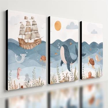 Imagem de Kit 3 Quadro Decorativo Mar Infantil Quarto Criança Navio Qualidade Premium (28x20cm)