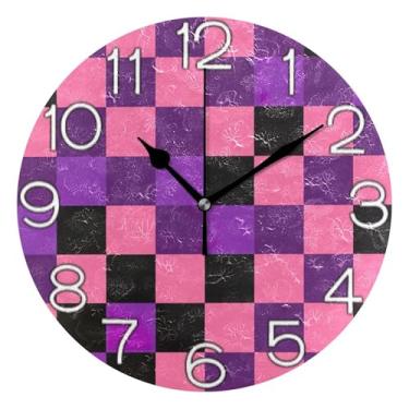 Imagem de GAIGEO Relógio de parede analógico decorativo redondo sem tique-taque silencioso relógio de sala de aula, decoração de parede vintage, sala de estar, xadrez rosa roxo colorido, 25 cm, ponteiros pretos