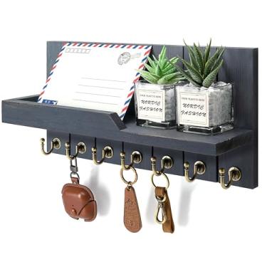 Imagem de Suporte de parede de madeira de pinho para decoração de casa - Porta-chaves elegante para parede com prateleira e 7 ganchos de chave para organizador de correio - Organizador de chaves rústico para