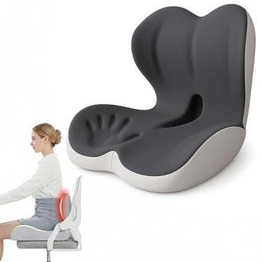 Imagem de amusediy Almofada ergonômica de assento com suporte traseiro para alívio da dor no cóccix, assento elevado e suporte lombar espesso para escritório, casa e condução de longa distância (cinza escuro +