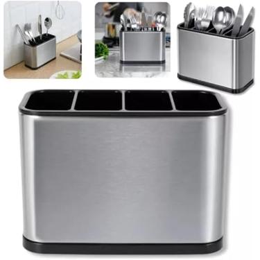 Imagem de Escorredor e Porta Talheres em Aço Inox Premium com 4 Divisórias – Organizador de Utensílios Moderno com Sistema de Drenagem e Alta Resistência