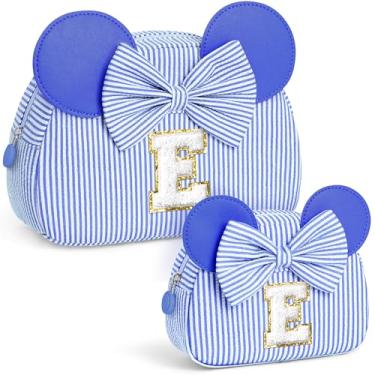 Imagem de QLOVEA Presentes de Natal para netos, bolsa de cosméticos inicial, bolsa de maquiagem de viagem, presentes de aniversário personalizados para crianças, Azul