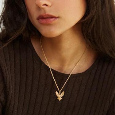 Imagem de Colar com pingente de águia banhado a ouro 14K - Colar feminino delicado feito à mão com zircônia cúbica colar delicado joia de aniversário, Medium, Latão, Sem Pedra Preciosa