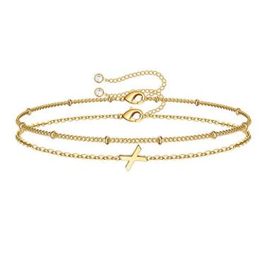 Imagem de M MOOHAM Pulseiras iniciais femininas - Pulseira com letras em camadas com pingente de inicial A-Z, joias delicadas de ouro/prata/ouro rosa para mulheres, presentes de aniversário, joias de ouro