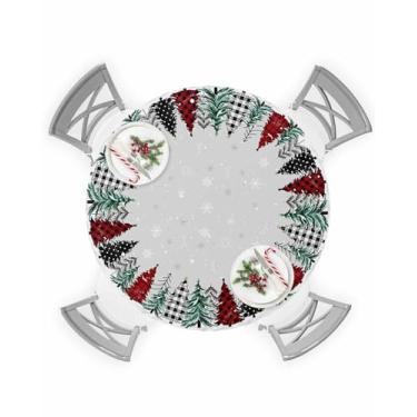 Imagem de Gsypo Toalha de mesa redonda de Natal, impermeável, xadrez, árvore de Natal, floco de neve, cinza, com bordas elásticas, toalha de mesa de inverno à prova de óleo para cozinha interna e externa
