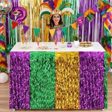 Imagem de Donetuer Saia de mesa de carnaval roxo verde dourado, plástico, decorações festivas de carnaval descartável