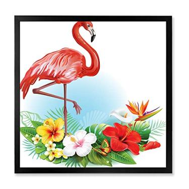 Imagem de DesignQ Arranjo com flores tropicais e arte de parede emoldurada tradicional de flamingo