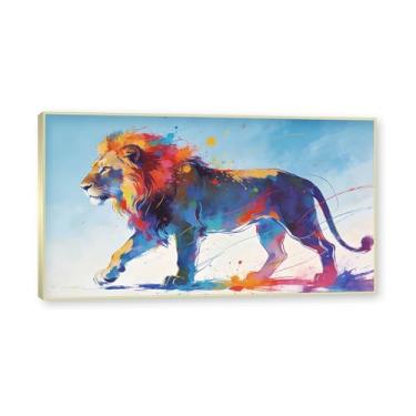 Imagem de NHLDZYH Moldura dourada. Quadro abstrato de leão - arte moderna com salpicos de cor vibrante - arte de parede energética para casa, escritório ou negócios - tela decorativa. A113. 30 x 54 cm.