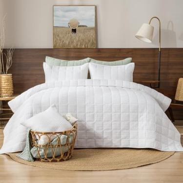 Imagem de PHF Conjunto de colcha 100% algodão waffle, tamanho Queen (228 x 228 cm) - leve com canal quadrado, conjunto de colcha acolchoada aconchegante, decoração de casa, 1 cobertor macio com 2 fronhas