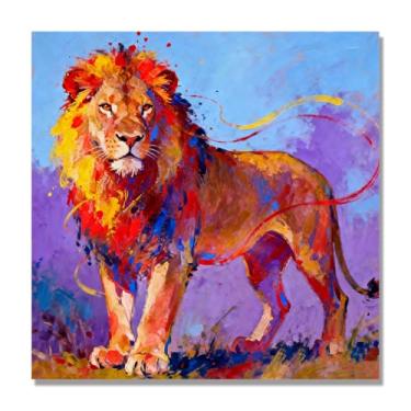 Imagem de NHLDZYH Pintura de leão colorida, impressão de arte abstrata vibrante, decoração de parede de animais selvagens e enérgicos, tela contemporânea moderna para quarto, academia, quarto de crianças. A02