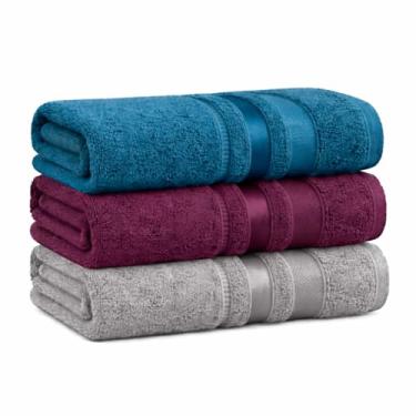 Imagem de Kit C/ 3 Toalhas De Banho Marselha 100% Algodão Alta Absorção - 70cm x 140cm (Azul - Açai - Inox)