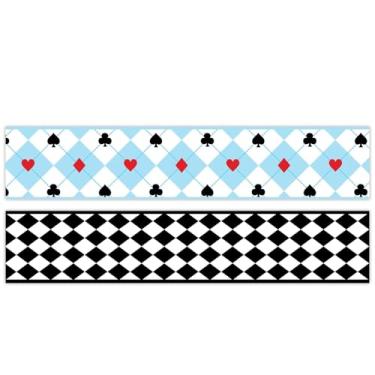 Imagem de FYSUIMU Wonderland Party Fita de borda com fio fitas de artesanato azul preto branco xadrez pôquer fita de tecido para grinalda arco faça você mesmo embrulho decoração de festa, 2 rolos, 20 jardas