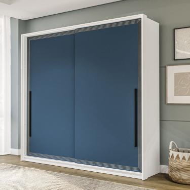 Imagem de Guarda Roupa Roupeiro 2 portas de correr 2 gavetas Valência Branco Azul Politorno Móveis