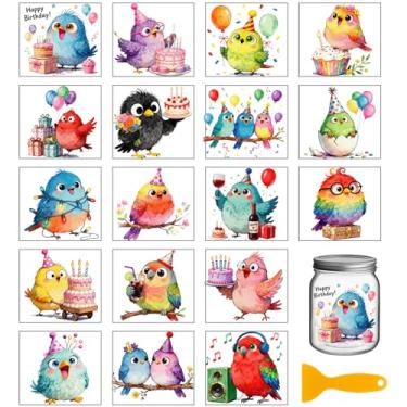Imagem de GLOBLELAND 18 folhas de adesivos de transferência de pássaros de desenho animado de aniversário 9,98 x 9,1 cm adesivos de transferência fofos pássaros esfregar em adesivos coloridos para móveis vaso