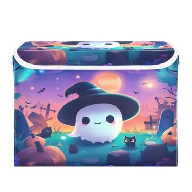 Imagem de SEHANY Cesto de armazenamento de armário de fantasmas de desenho animado fofo com tampas e alças, organizador de cestas de armazenamento de tecido dobrável, caixas de armazenamento de cubo grande para