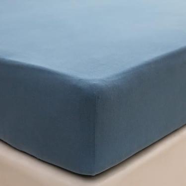 Imagem de PURE ERA Apenas lençol de baixo de algodão de malha jérsei (sem lençol de cima ou fronhas) bolso profundo de até 38 cm a 50 cm, ultramacio, confortável, respirável, azul cerúleo, casal