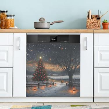 Imagem de xigua Capa magnética para máquina de lavar louça de veado de árvore de Natal, adesivos magnéticos decorativos antiarranhões para painel de geladeira e lava-louças, decoração personalizada de cozinha