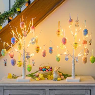 Imagem de Vanthylit Conjunto de 2 luzes de árvore de ovos de Páscoa, 55 cm, operadas por bateria com temporizador, luz central de mesa de bétula branca iluminada para decorações de Páscoa