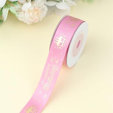 Imagem de Fita de feliz aniversário de 5 metros, fita de cetim rosa de 0,75 polegadas de largura com padrão de bolo de estampagem a quente dourada, tecido natural macio, decoração de presente para embrulho de