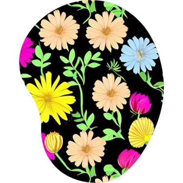 Imagem de Mouse Pad Ergonômico Gota Floral Margaridas Coloridas Fundo Preto