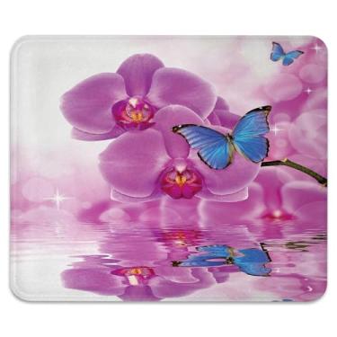Imagem de Tapete de mouse antiderrapante com design rosa e azul para jogos e escritório com bordas costuradas 24 x 19 cm, flores de orquídea borboleta etérea, reflexão, durável, superfície lisa, tapete de mesa