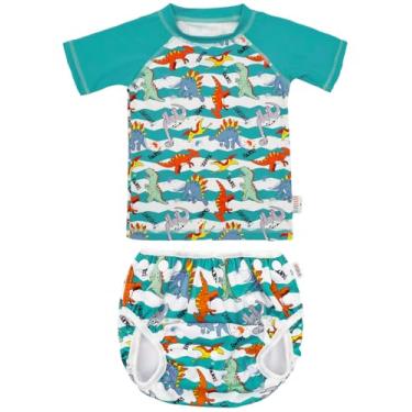Imagem de ALVABABY Roupa de banho para bebês, roupa de banho infantil de manga curta, fralda reutilizável para bebês com blusa combinando para meninos e meninas, Dinossauros e ciano, 1-3 Anos