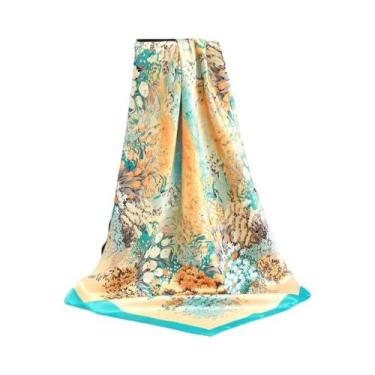 Imagem de Lenço Quadrado De Seda Feminino 90cm Com Estampa Floral, Foulard De Ce