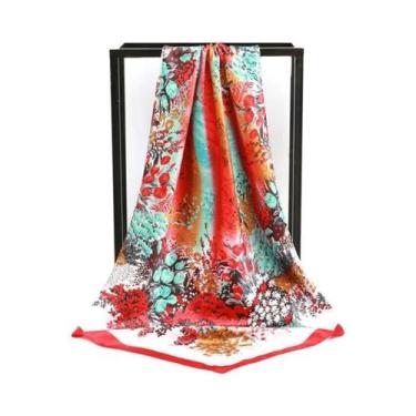 Imagem de Lenço Quadrado De Seda Feminino 90cm Com Estampa Floral, Foulard De Ce