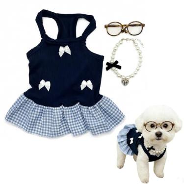Imagem de Yioxjak Vestidos para cães, vestido xadrez para animais de estimação com óculos e colar de pérolas, roupas fofas para animais de estimação, saia respirável para filhotes, fantasia para meninas, festas