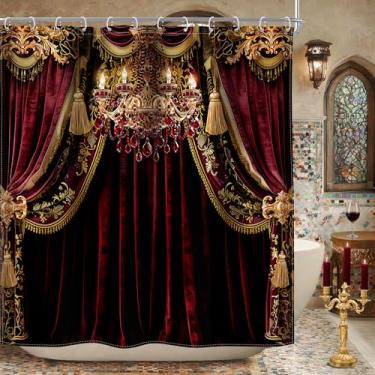 Imagem de Riyidecor Cortina de chuveiro vermelha bordô estampada (sem veludo) vintage elegante luxo saia europeia lâmpada dourada feminina 182x182 cm de altura decoração de tecido moderno para banheiro