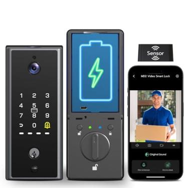 Imagem de eLinkSmart Fechadura inteligente com câmera WiFi sem chave para porta da frente, fechadura de impressão digital com código de controle remoto, cartão RFID, bateria de 37 Wh, sensor de trava automática