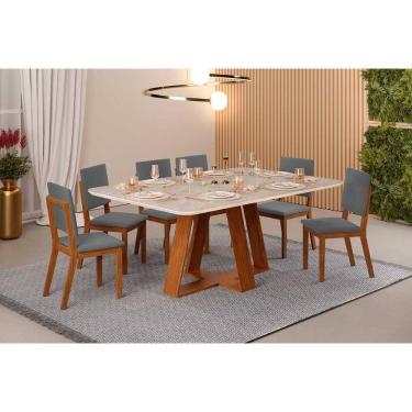 Imagem de Conjunto: Mesa Sala Jantar Celeste c/ Tampo Madeirado Retangular 170x90cm e 6 Cadeiras Talia Freijo/Quartzo - Suede Lunar - DJ Móveis