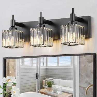 Imagem de HUOKU Luminária de banheiro de cristal preto com 3 luzes modernas sobre o espelho, arandela de parede preta com sombra quadrada