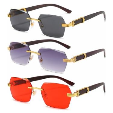 Imagem de AIEYEZO Óculos de sol retrô sem aro retangular, unissex, vintage, sem moldura, modernos, quadrados, matizados, Pacote com 3 (ouro/cinza + ouro/cinza gradiente + ouro/vermelho), MM