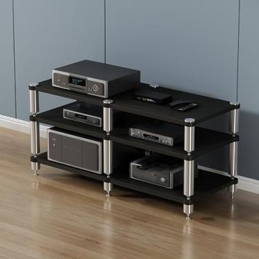 Imagem de Prateleira de jogos e suporte de mídia - Torre de rack de áudio portátil para projetores, leitores de DVD, consoles de jogos e caixas de cabos - Design de madeira elegante, 120x