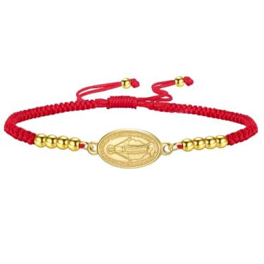 Imagem de Amaxer Pulseira ajustável deslizante dupla face com medalha da Virgem Maria tecida à mão corda colorida joia religiosa católica, Medium, Aço inoxidável, Sem Pedra Preciosa