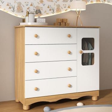 Imagem de Cômoda Infantil 95cm 1 Porta Com Vidro E 4 Gavetas Luna Multimóveis MP4414 Madeirado/branco