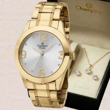 Imagem de Relógio Champion Feminino Analógico Dourado CH24268D + Kit Colar e Brinco