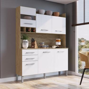 Imagem de Armário Paneleiro Alto Balcão Multiuso Para Cozinha Com 6 Portas e 2 Gavetas Marrom Madeira e Branco