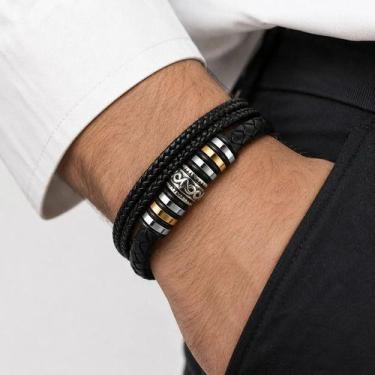 Imagem de Bracelete Pulseira Masculina Couro Luxo Minimalista Alfa Prata E Doura