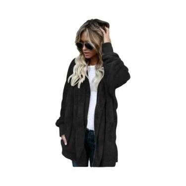 Imagem de Jaqueta Cardigã Feminina Oversized Com Capuz De Lã, Manga Longa, Quent