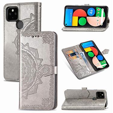 Imagem de YUNCHAO Caixa de telefone Para o Google Pixel 4A 5G, meio caminho de mandarala padrão de relevo Horizontal Flip PU couro de couro com slots de cartão e suporte e carteira e cordão capa para celular