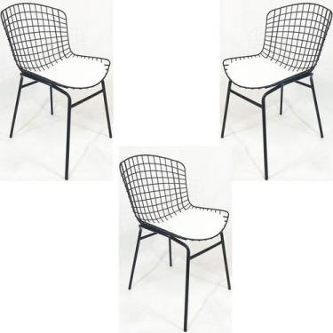 Imagem de Kit 3 Cadeiras Bertóia Preta Assento Branco Tubular - Poltronas Do Sul