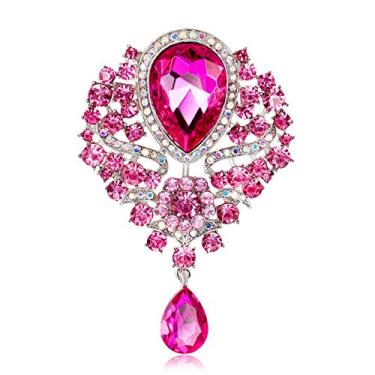 Imagem de JewelBeauty Broche feminino de cristal prateado buquê de flores lágrima grande lindo buquê broche (rosa)