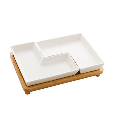 Imagem de Conjunto 2 Petisqueiras de Porcelana com Bandeja Bambu Branco Matt 23cm x 15cm x 5cm - Wolff