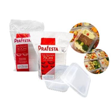 Imagem de Kit Com 2 Potes Descartáveis, Prafesta 500ml + 750ml, Retangular Com Tampa, Pacote 48 Unidades