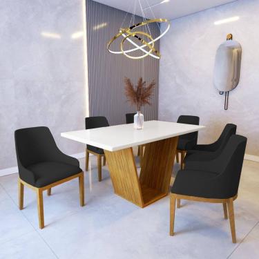 Imagem de Mesa De Jantar Safira 1,6m Off White Com 6 Cadeiras Elisa Veludo Preto Madeira Maciça Castanho